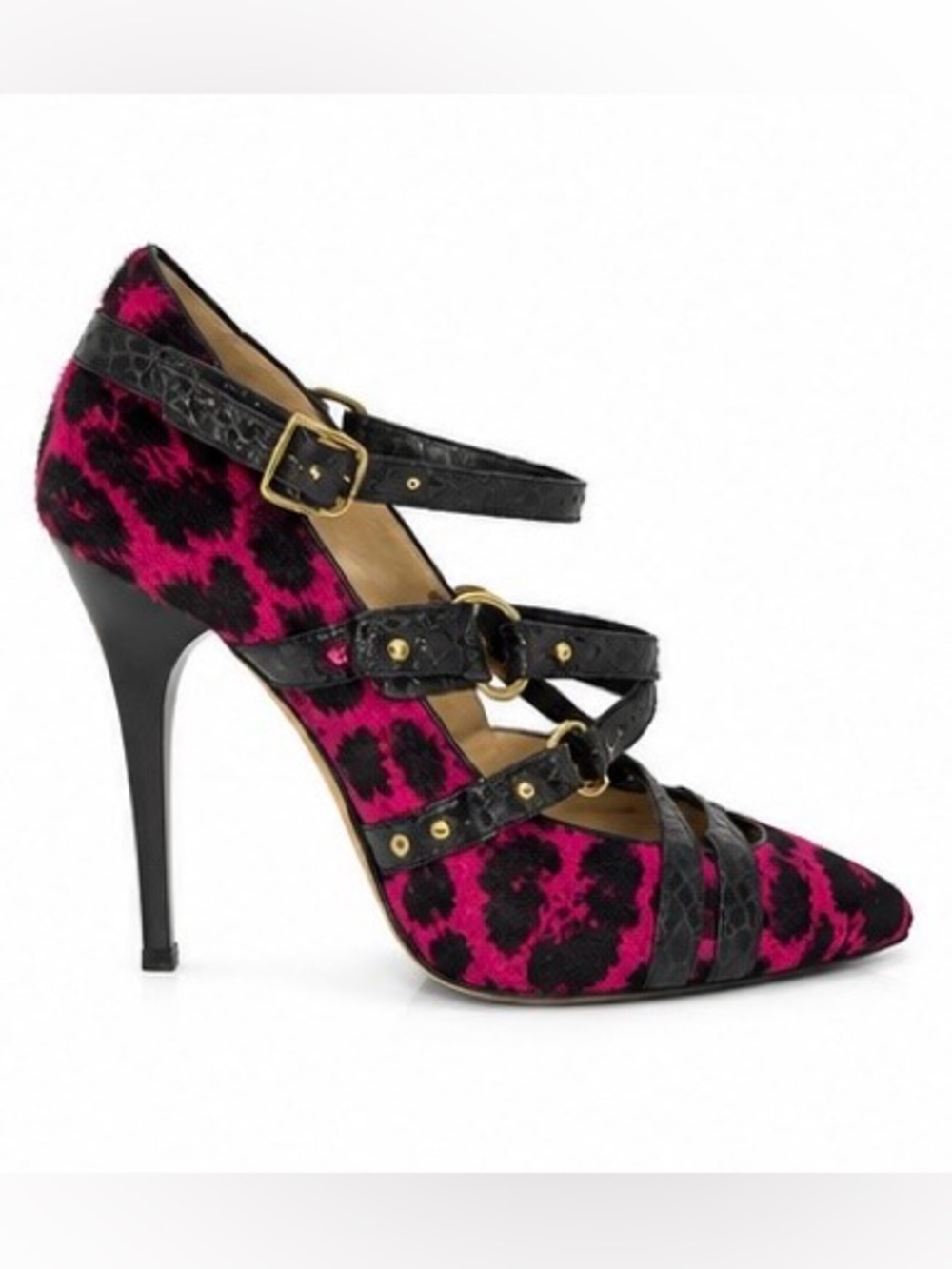 Vintage Jimmy Choo London Pink Leopard Calf Hair Lizard Leather Strappy Stiletto